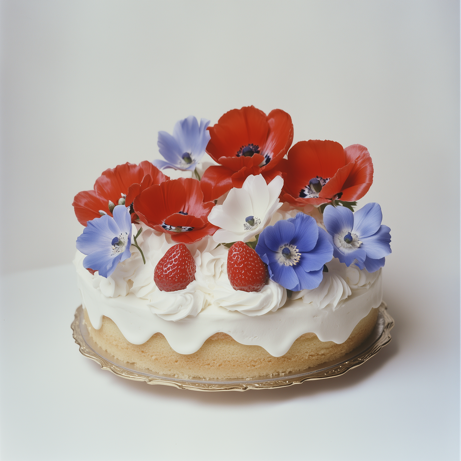 Layered celebration cake topped with cream and fresh berries