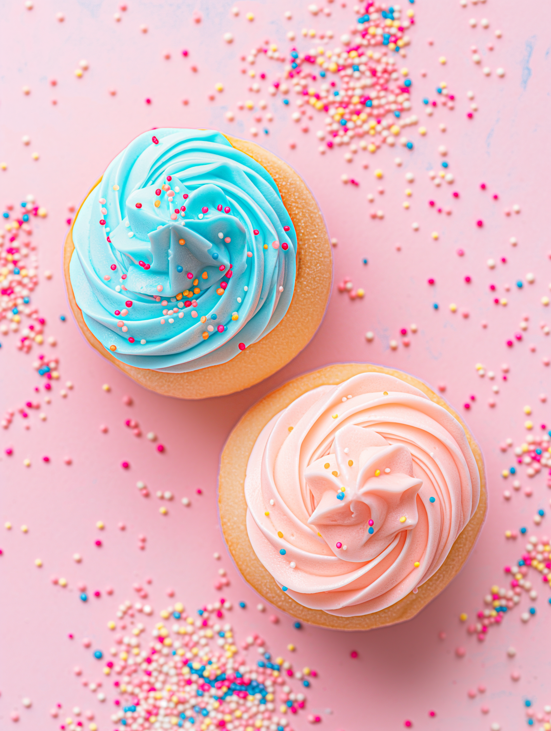 Colorful cupcakes with swirled frosting and sprinkles